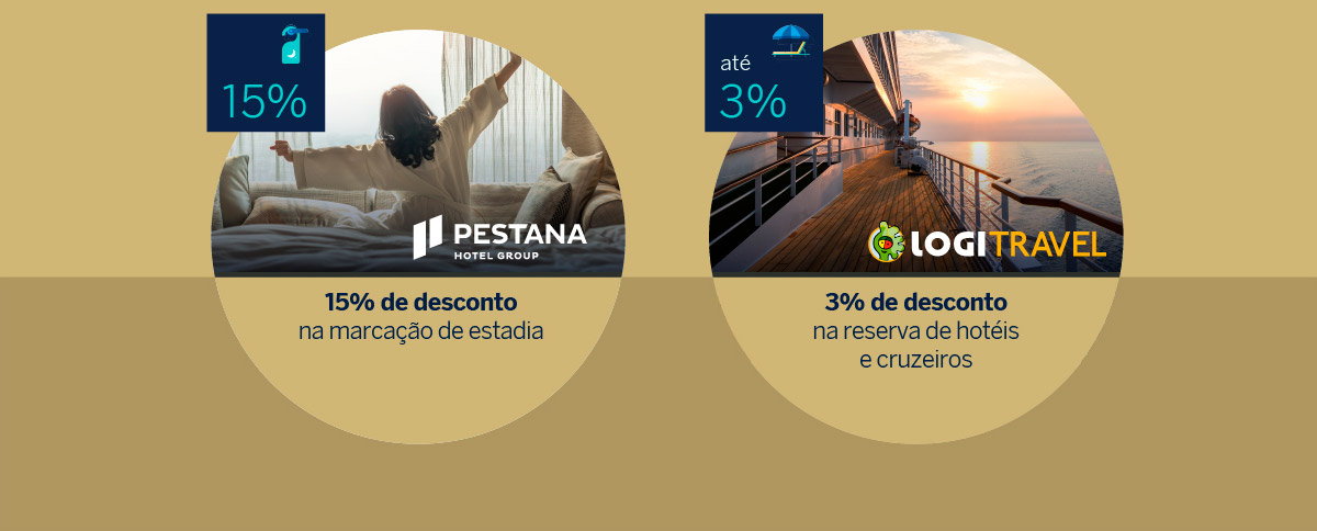 15% de desconto na marcação de estadia // 3% de desconto na reserva de hotéis e cruzeiros