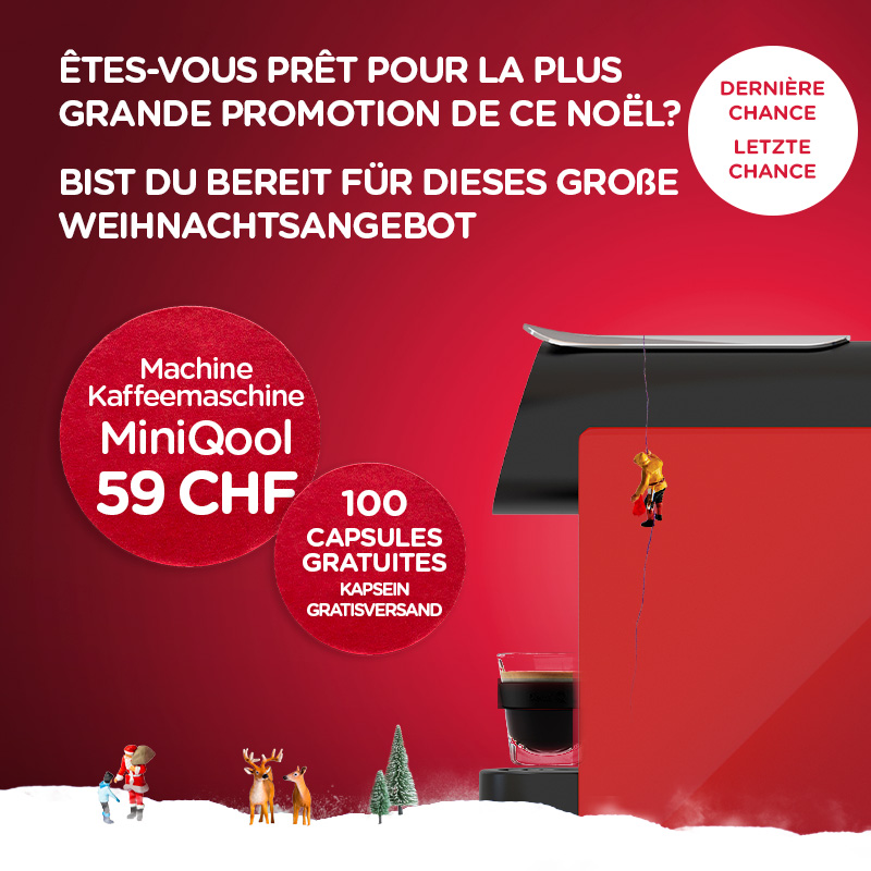 Êtes-vous prêt pour la plus grande promotion de ce Noël? Machine MiniQool 59 CHF // 100 Capsules Gratuites | Bist du bereit für dieses große  Weihnachtsangebot. Kaffeemaschine MiniQool 59 CHF // 100 Kapsein Gratisversand