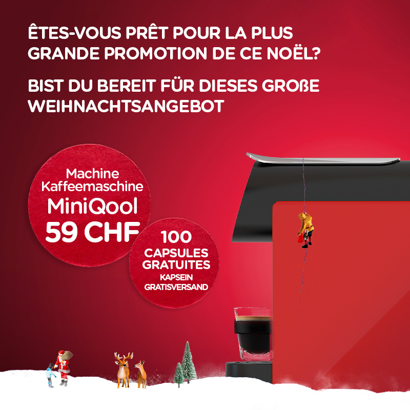 Êtes-vous prêt pour la plus grande promotion de ce Noël? Machine MiniQool 59 CHF // 100 Capsules Gratuites | Bist du bereit für dieses große  Weihnachtsangebot. Kaffeemaschine MiniQool 59 CHF // 100 Kapsein Gratisversand