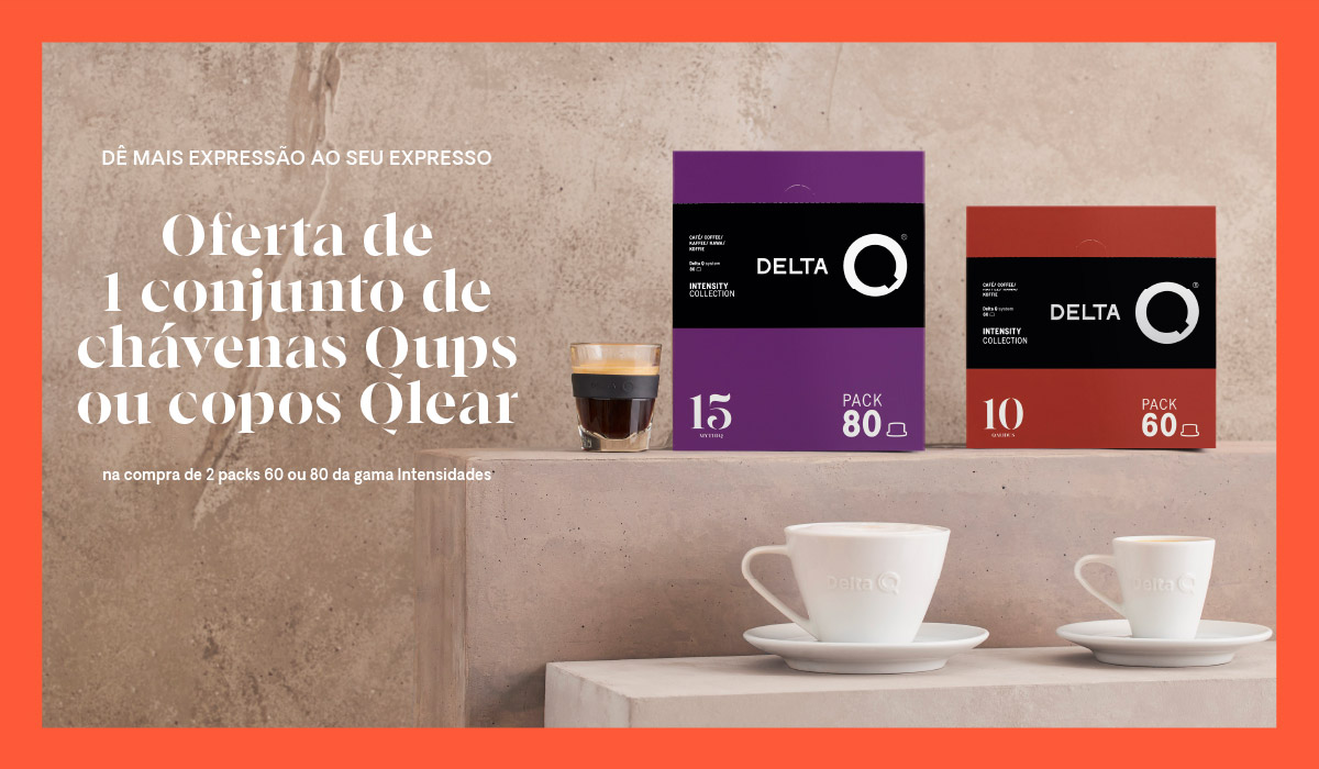 Dê mais expressão ao seu expresso. Oferta de 1 conjunto de chávenas Qups ou copos Qlear na compra de 2 packs 60 ou 80 da gama Intensidades