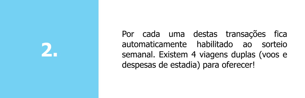 Por cada uma destas transações fica automaticamente habilitado ao sorteio semanal. Existem 4 viagens duplas (voos e despesas de estadia) para oferecer!